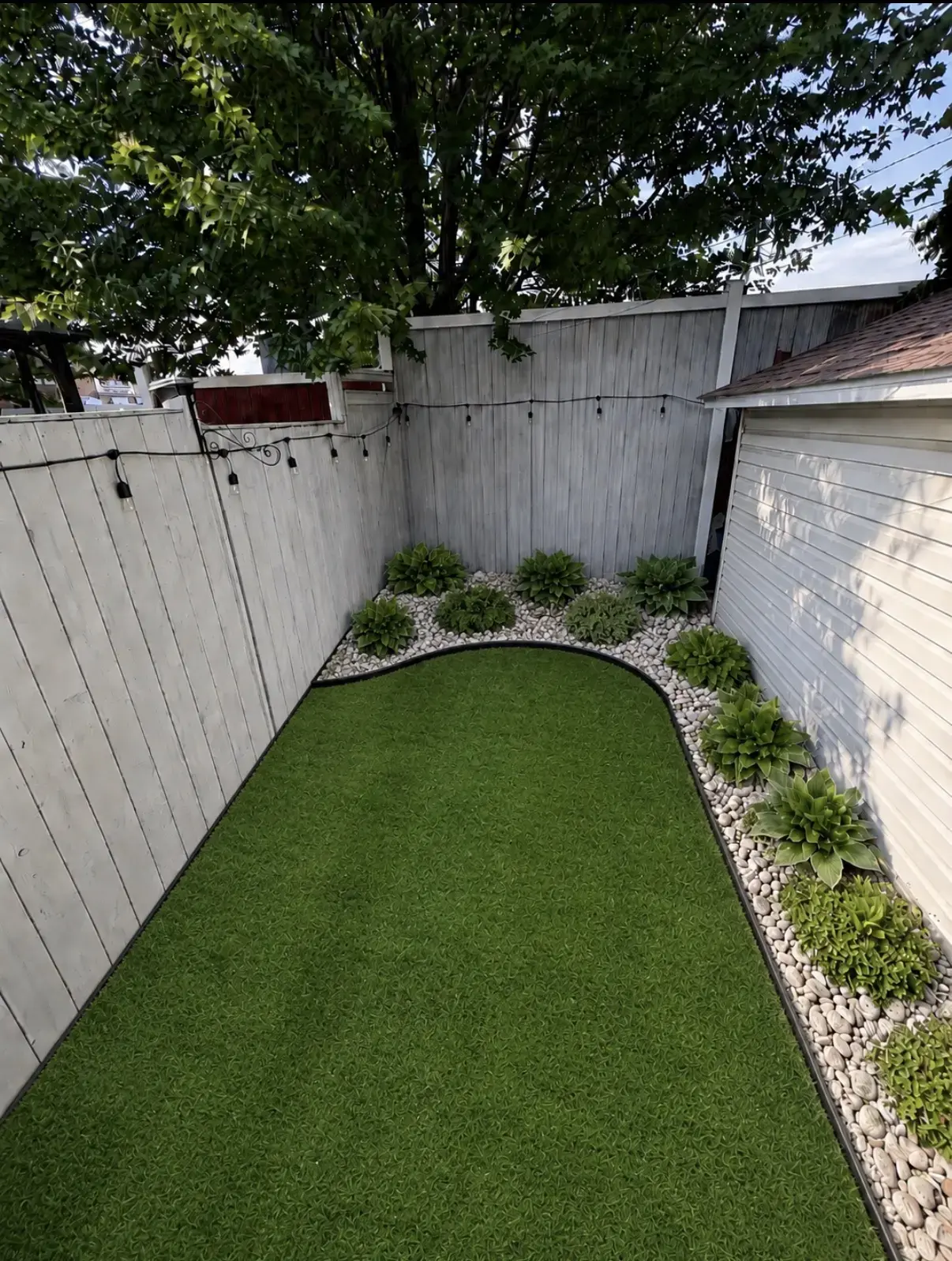 Low-maintenance backyard design with artificial turf, river rock and hostas