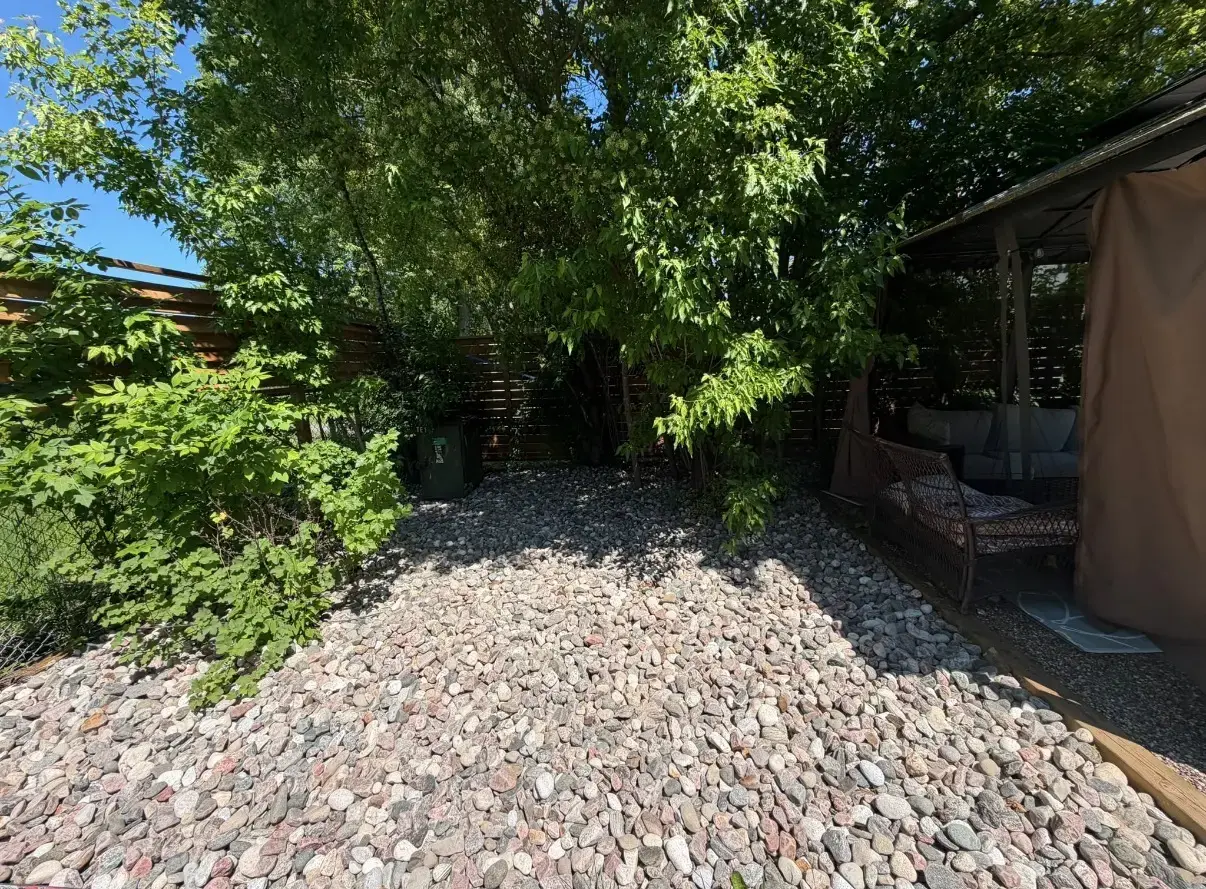 Shaded backyard with decorative river rock and established trees